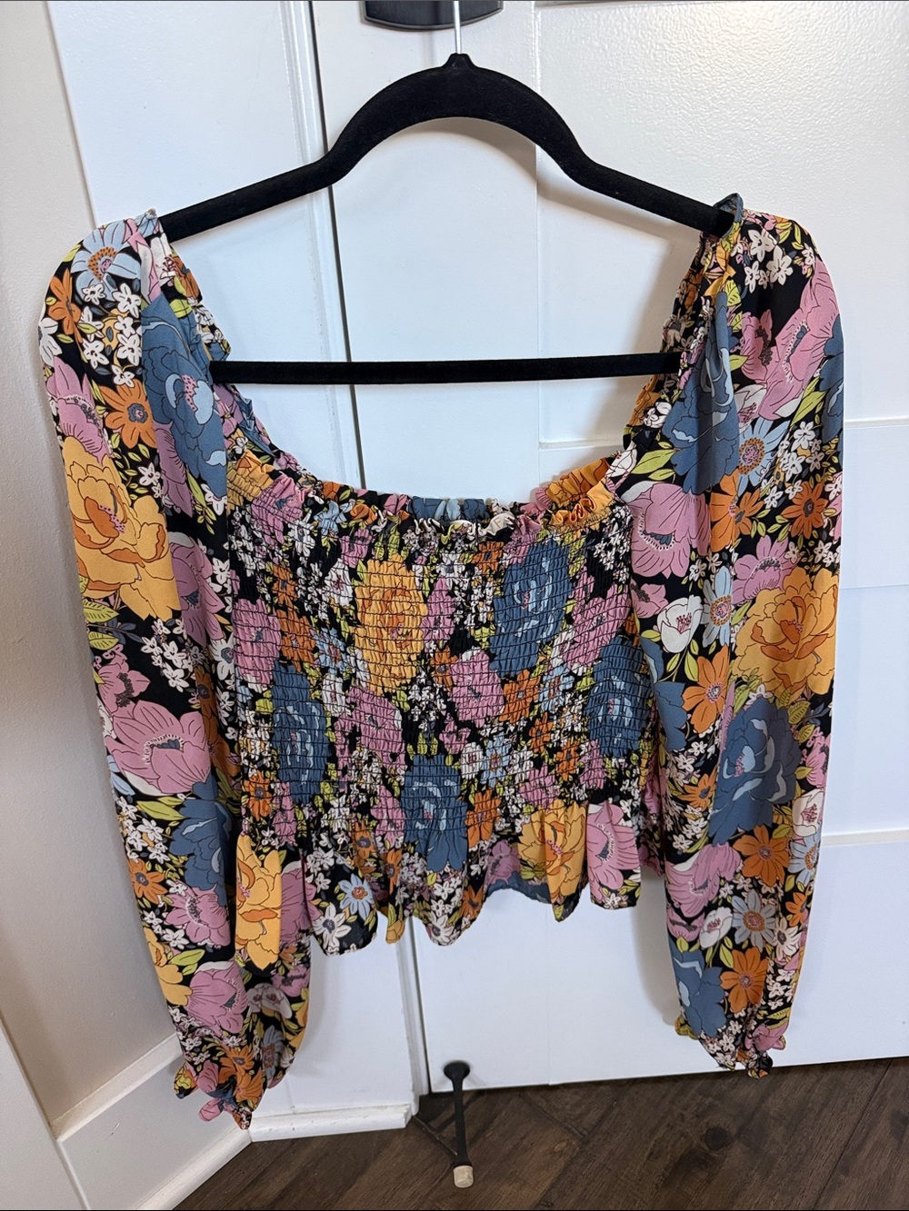 Wayf Floral Smocked Off-Shoulder Crop Top in Black, Pink, Blue and Yellow